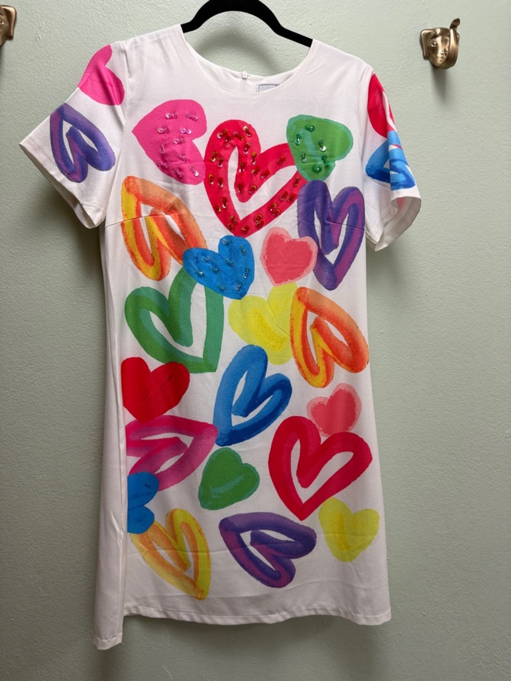 Womens White Mini Dress with Multicolor Heart Print